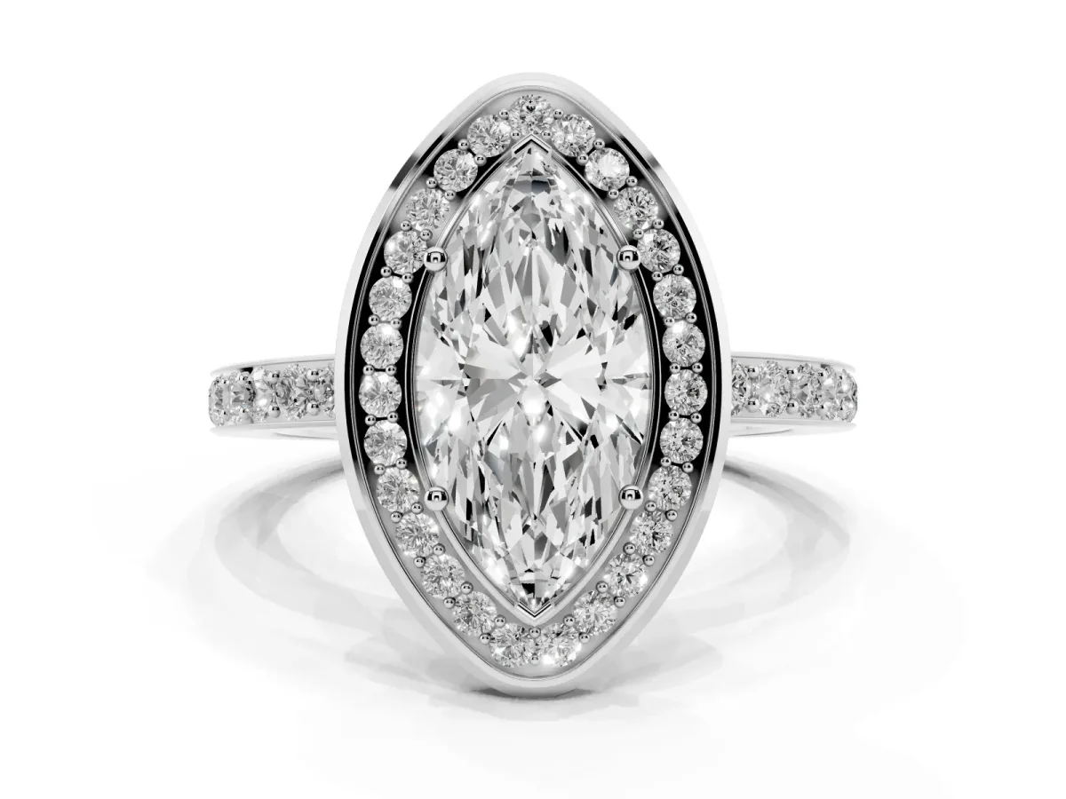 Marquise Cut Diamond Halo Ring with Bezel Frame and Pavé Band Silver