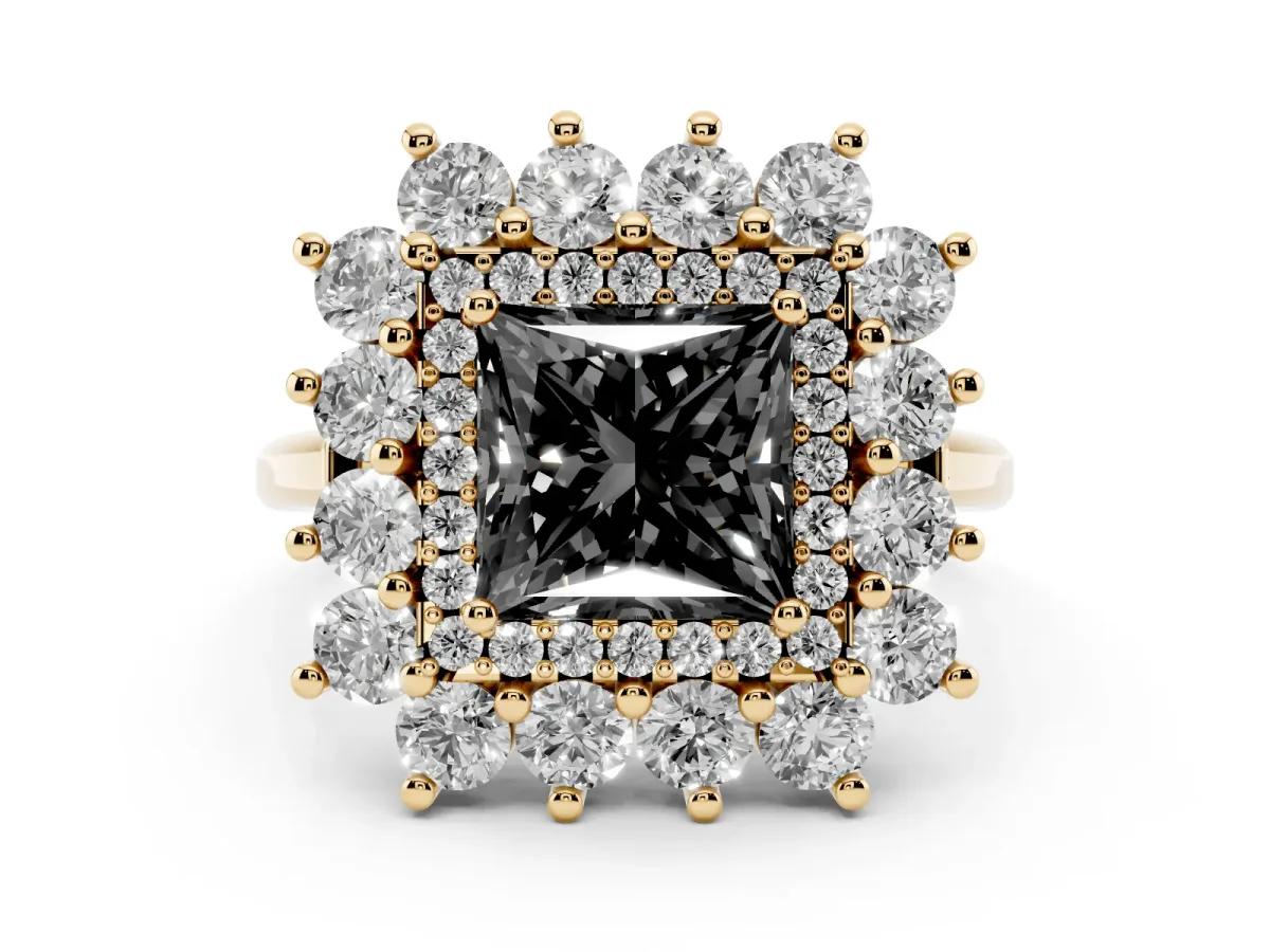 Fancy Black Princess Cut Diamond Floral Double Halo Engagement Ring with Prong Setting Yellow gold