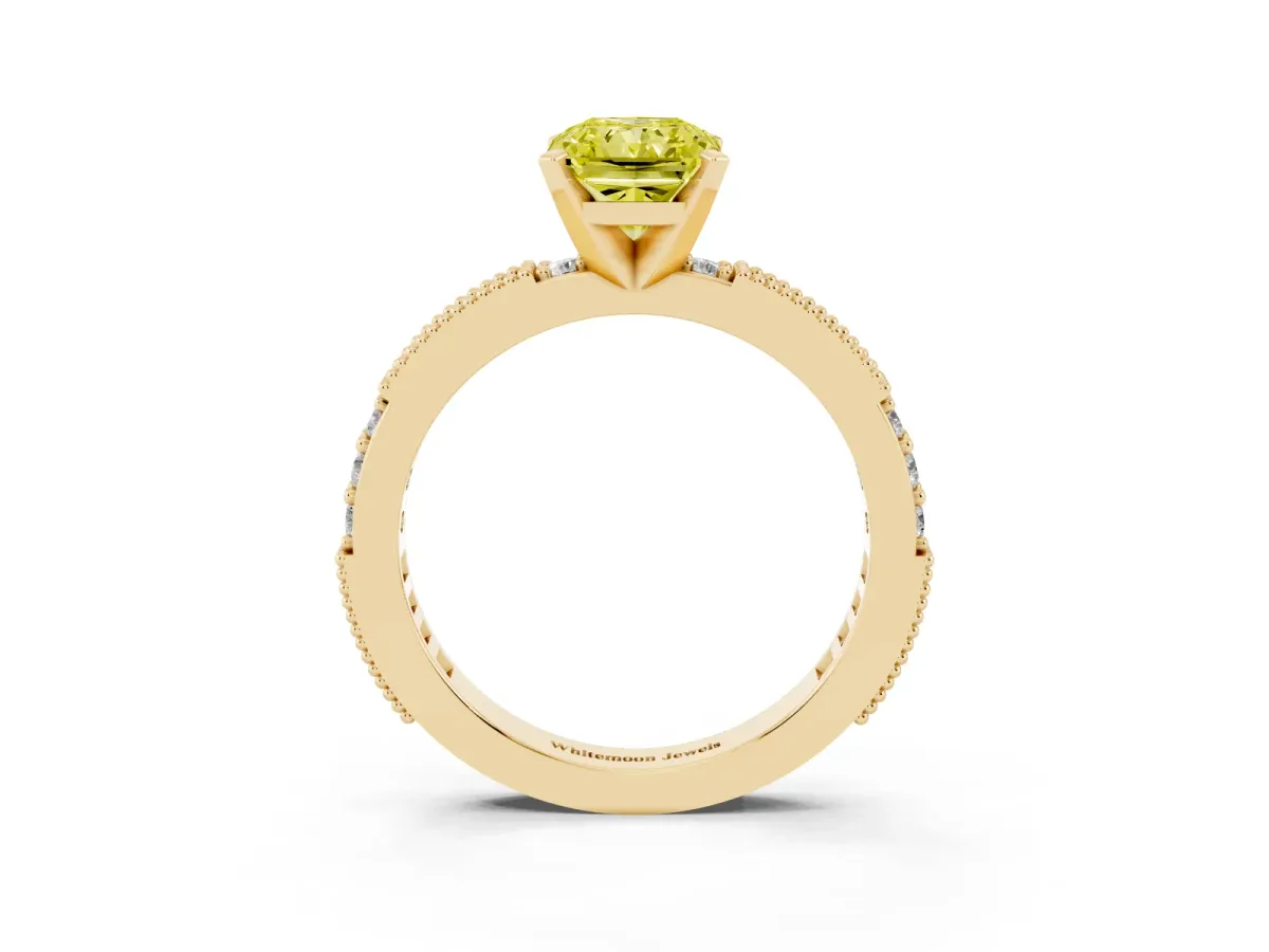 Fancy Yellow Radiant Cut Solitaire with Pavé Band and Four-Prong Setting Yellow gold