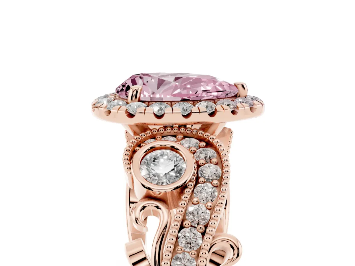 Fancy Pink Pear Cut Diamond Halo Ring with Milgrain Pavé Band and Four-Prong Setting Rose gold
