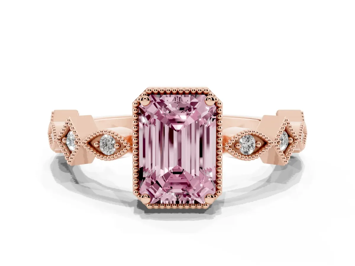 Fancy Pink Emerald Cut Milgrain Marquise Diamond Twist Band Ring Rose gold