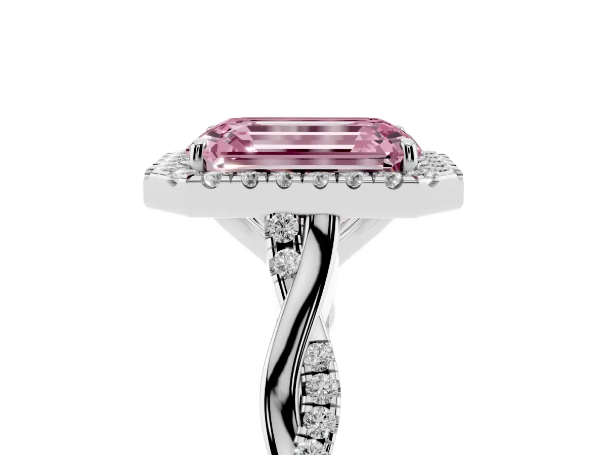 Fancy Pink Emerald Cut Halo Twist Band Solitaire Ring Silver