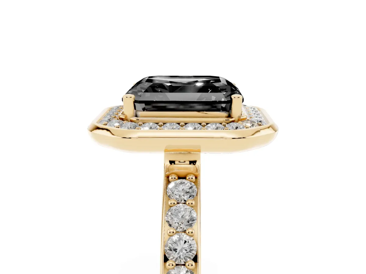 Fancy Black Asscher Cut Diamond Halo Ring with Bezel Frame and Pavé Band Yellow gold
