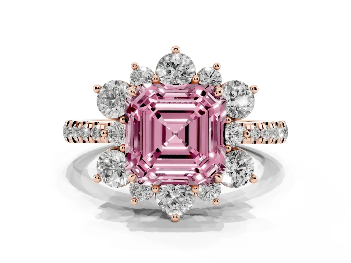 Fancy Pink Asscher Cut Diamond Floral Halo Ring with Round Pavé Band and Prong Setting Rose gold