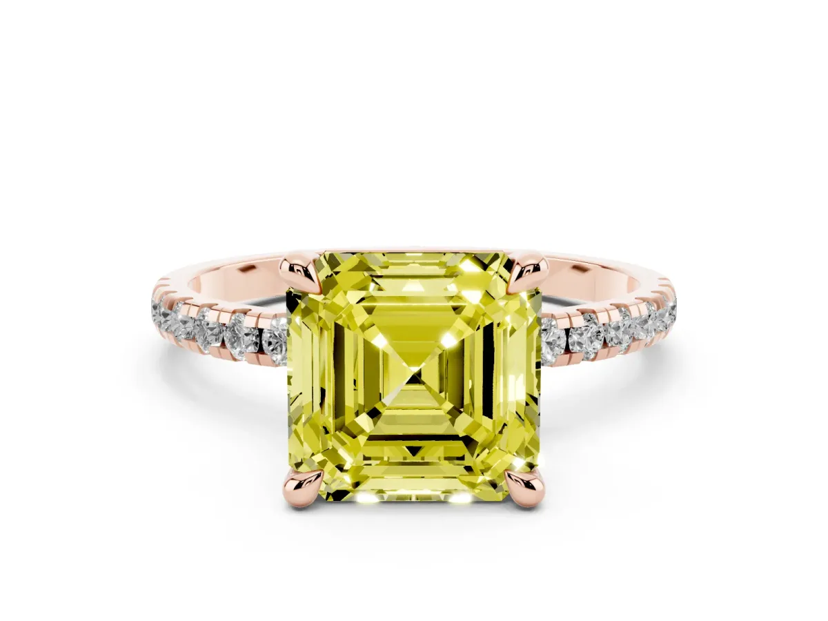 Fancy Yellow Asscher Cut Diamond Brilliant Solitaire Ring with Pavé Band and Four-Prong Setting Rose gold