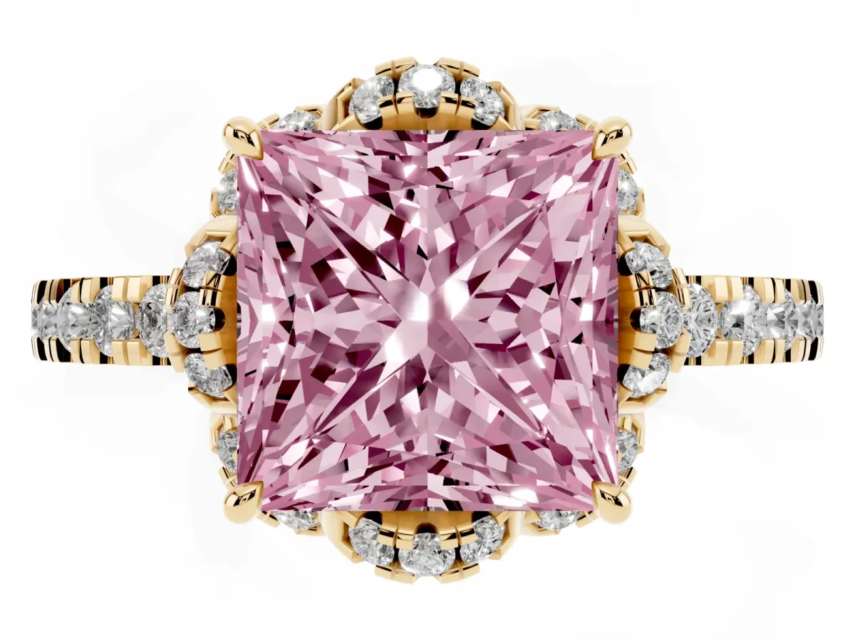 Fancy Pink Princess Cut Diamond Halo Pave Band with Four-Prong Setting Yellow gold