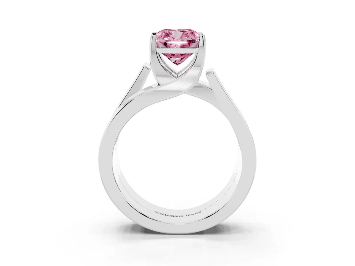 Fancy Pink Modern Tension Set Cushion Cut Diamond Solitaire Wide Band Ring Silver