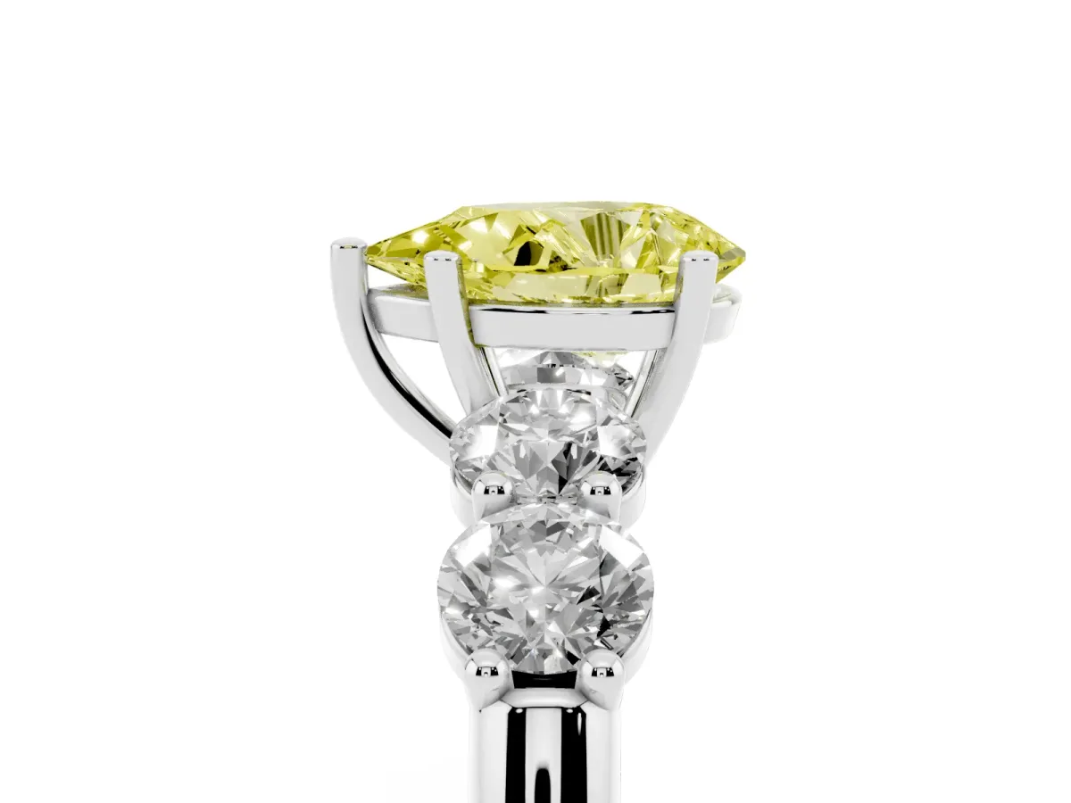 Fancy Yellow Pear Cut Cut Five-Stone Prong Set Diamond Ring with Classic Band Silver