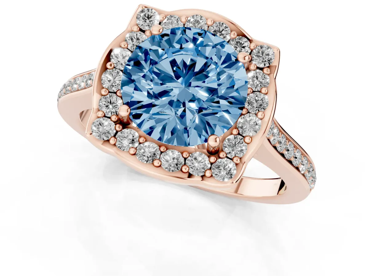 Fancy Blue Round Cut Halo Round Diamond Pave Band with Four-Prong Setting Rose gold