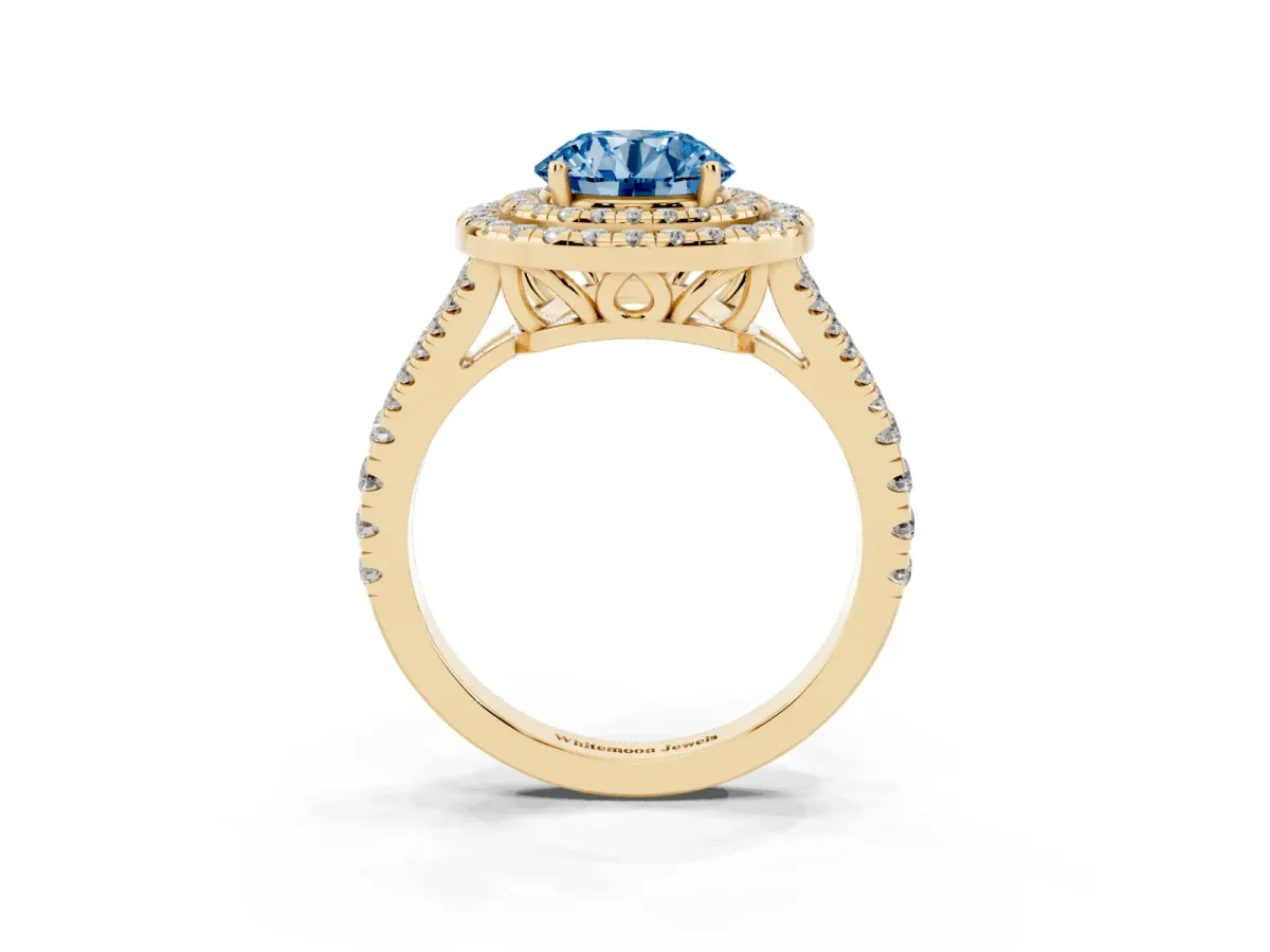 Fancy Blue Round Cut Diamond Double Halo Ring with Pavé Band and Prong Setting Yellow gold