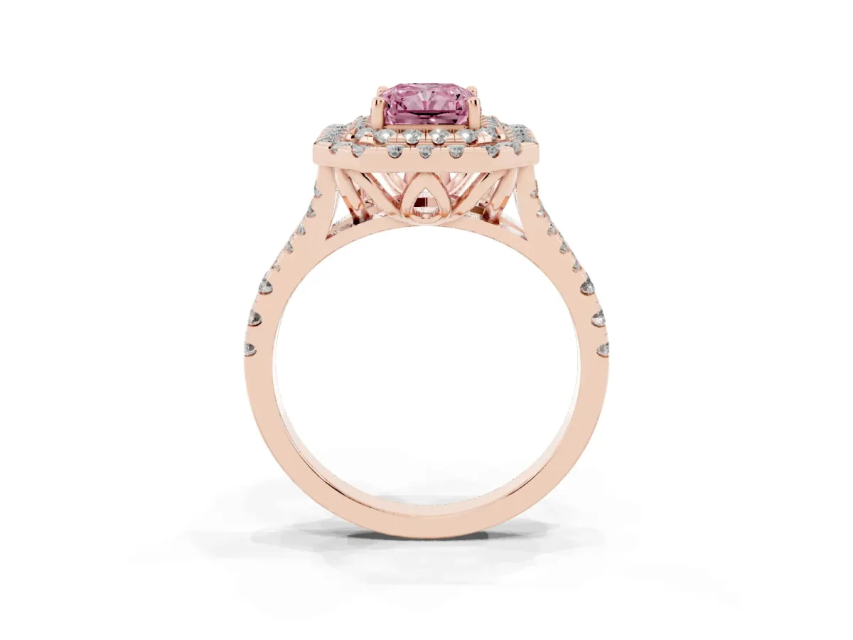 Fancy Pink Double Halo Radiant Cut Diamond Pavé Split Shank Ring with Prong Setting Rose gold