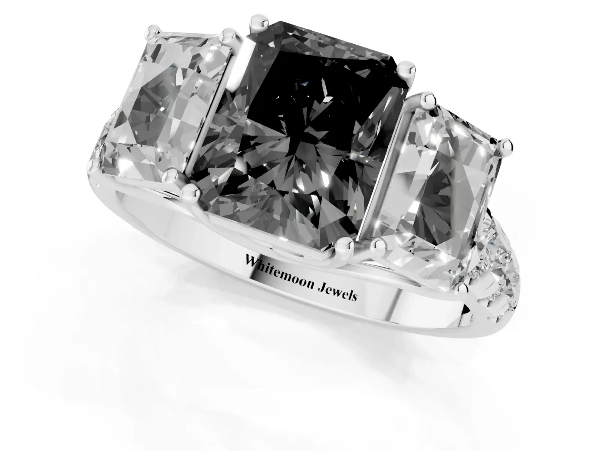 Fancy Black Three-Stone Radiant Cut Diamond Pavé Band with Prong Setting Silver