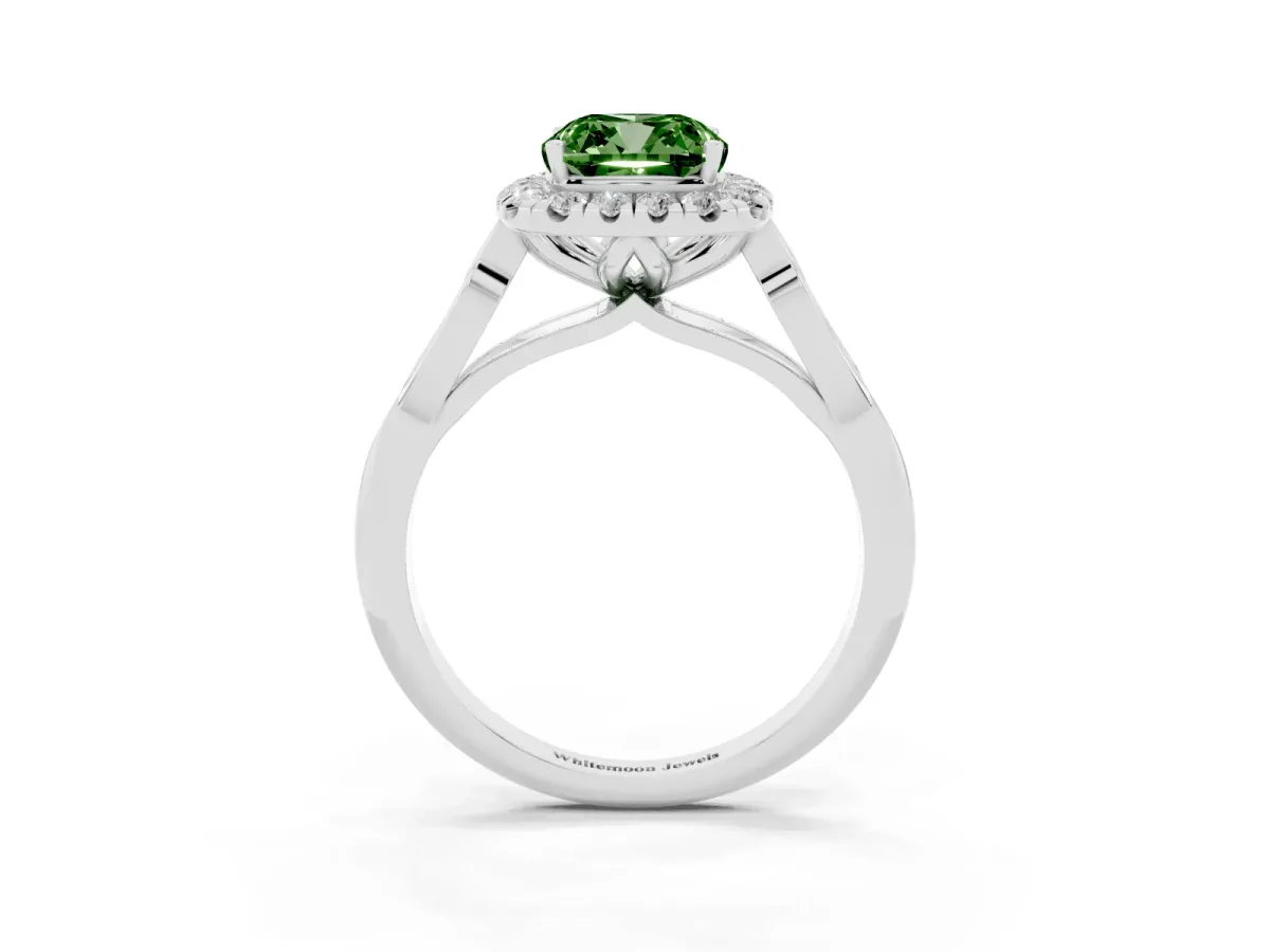 Fancy Green Cushion Cut Halo Diamond Engagement Ring with Filigree Band and Four-Prong Setting Silver