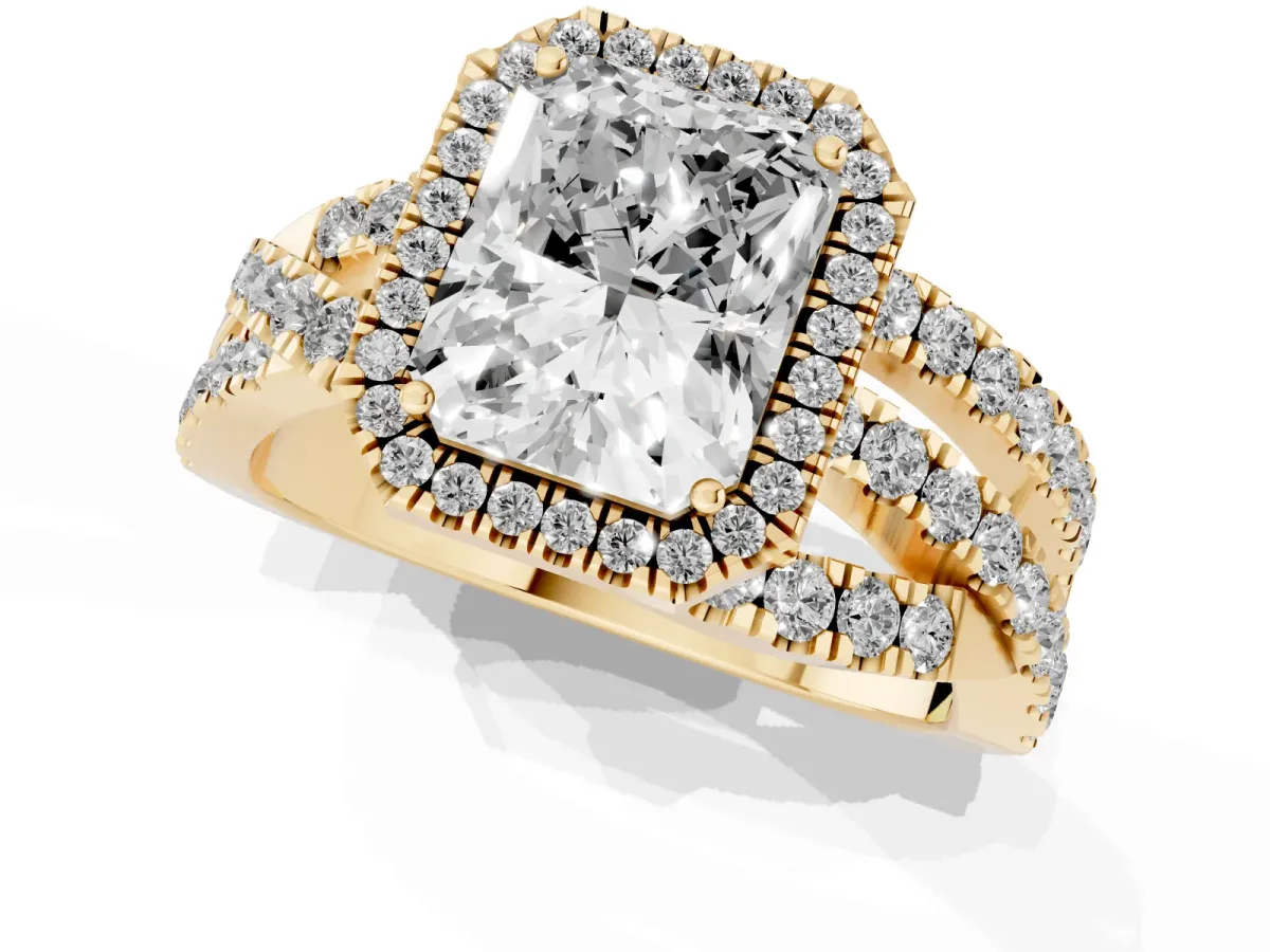 Radiant Cut Diamond Halo Ring with Round Split Shank and Prong Setting Yellow gold
