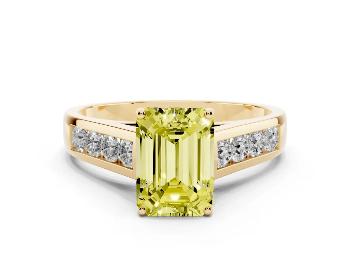 Fancy Yellow Emerald Cut Solitaire Channel-Set Diamond Engagement Ring with Four-Prong Setting Yellow gold