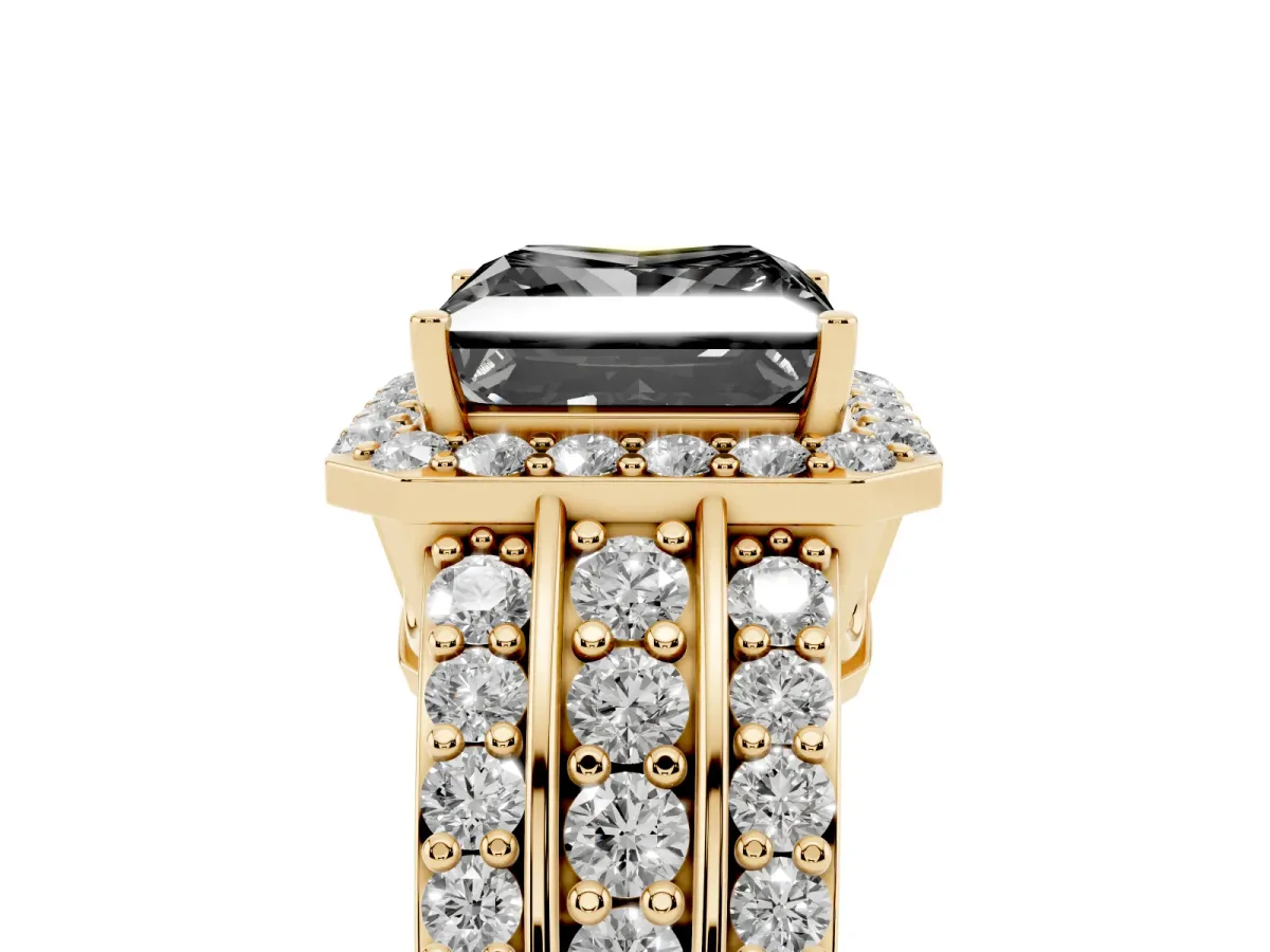 Fancy Black Princess Cut Halo Diamond Ring with Round Split Shank and Prong Setting Yellow gold