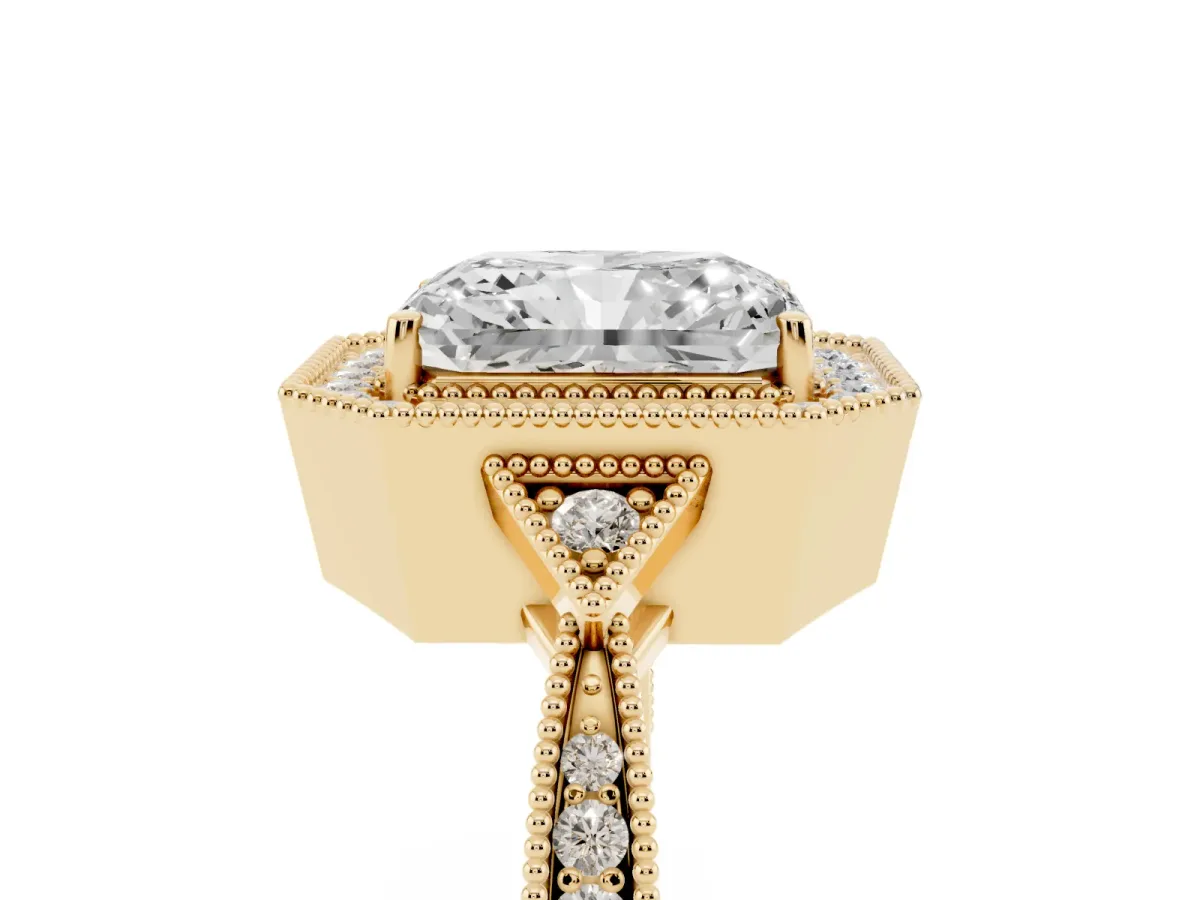 Radiant Cut Halo Round Diamond Milgrain Pave Engagement Ring Yellow gold