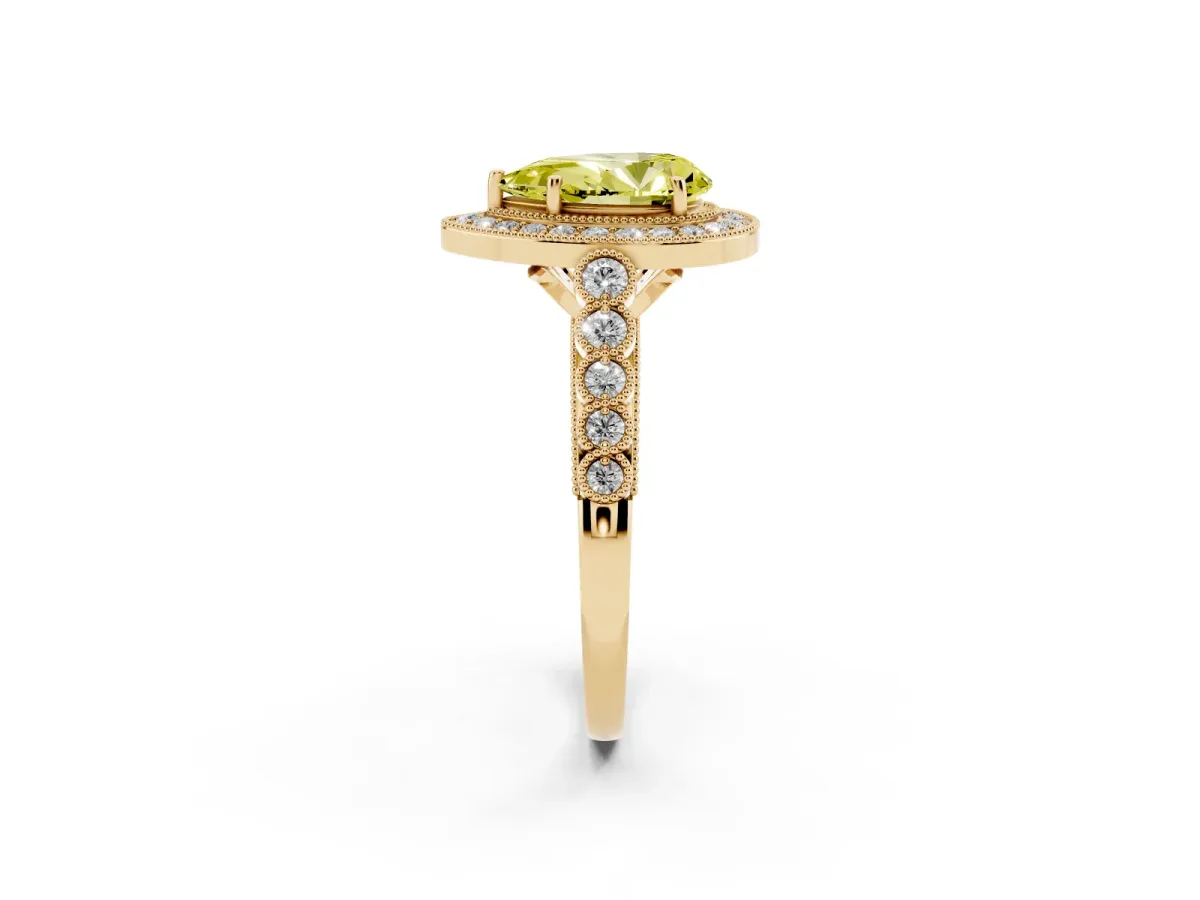 Fancy Yellow Pear Cut Halo Milgrain Solitaire with Bezel Set Side Stones and Pave Band Yellow gold