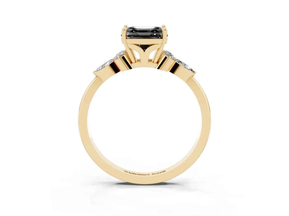 Fancy Black Asscher Cut Brilliant Diamond Solitaire Ring with Pear Side Stones and Four-Prong Setting Yellow gold