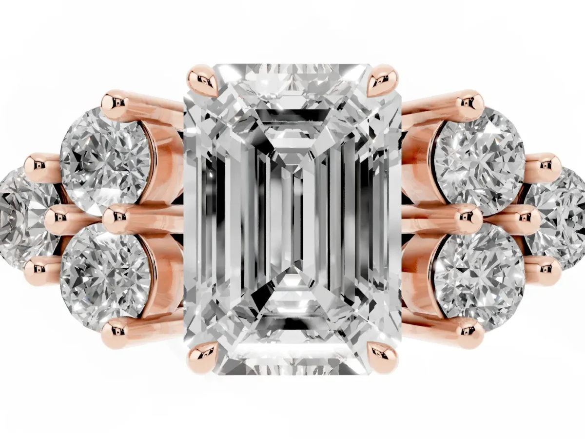 Emerald Cut Brilliant Diamond Cluster Accent Solitaire Ring with Prong Setting Rose gold