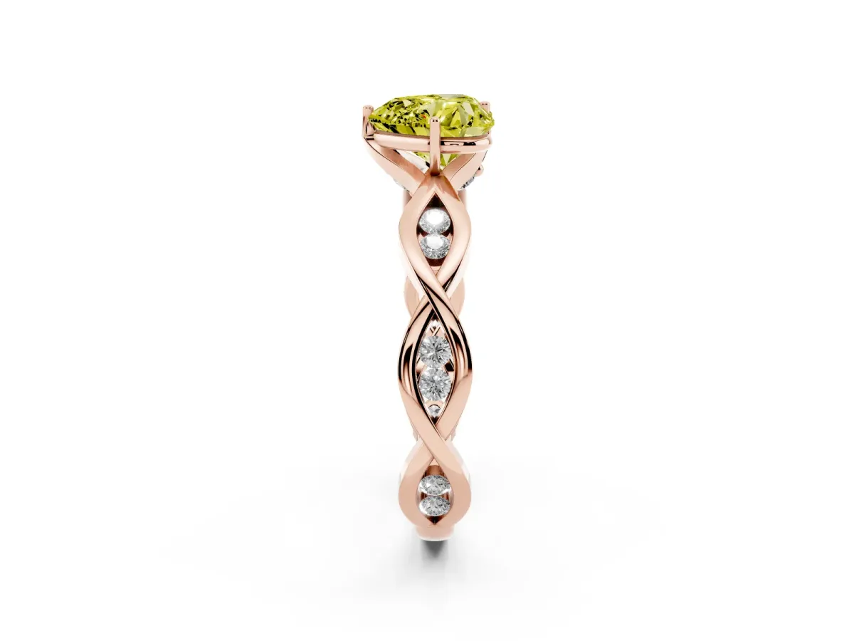 Fancy Yellow Heart Cut Solitaire Twist Band with Leaf Prong Setting Rose gold