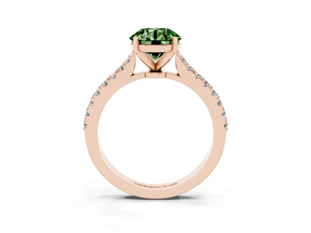 Fancy Green Round Cut Cut Solitaire Diamond Engagement Ring with Pave Band and Four-Prong Setting Rose gold