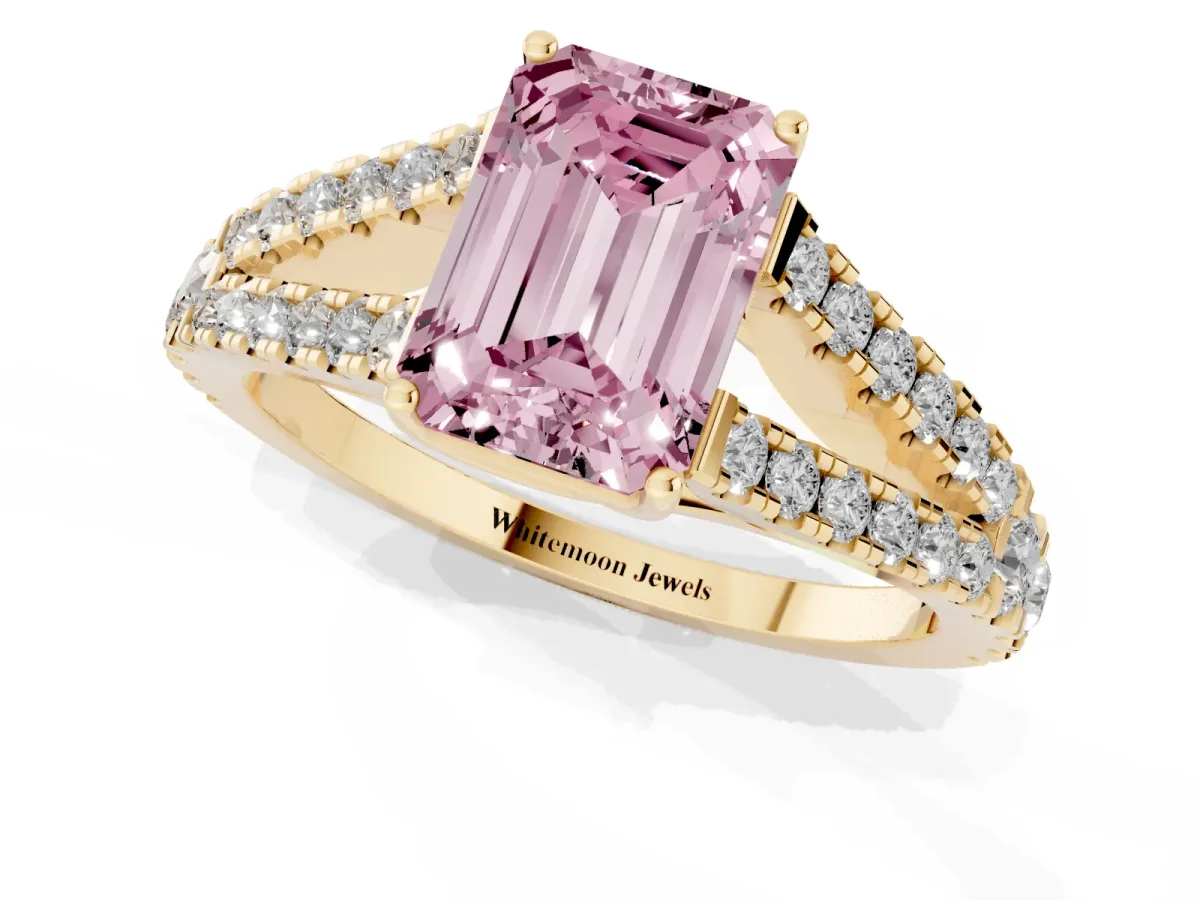 Fancy Pink Emerald Cut Diamond Split Shank Engagement Ring with Round Pavé and Prong Setting Yellow gold