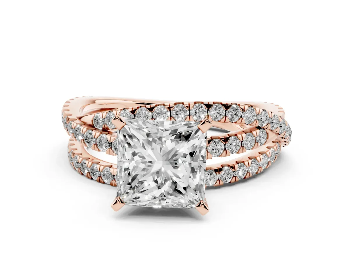Princess Cut Solitaire Twist Band with Pavé Setting and Four-Prong Setting Rose gold