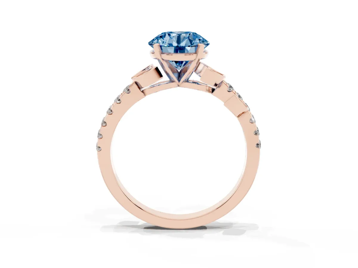 Fancy Blue Round Cut Solitaire Leaf-Inspired Diamond Ring with Pavé Band and Four-Prong Setting Rose gold