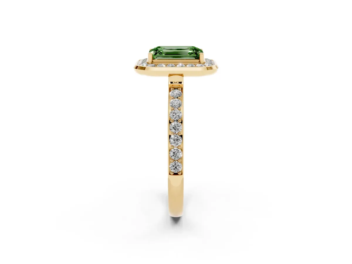 Fancy Green Emerald Cut Diamond Halo Ring with Bezel Frame and Pavé Band Yellow gold