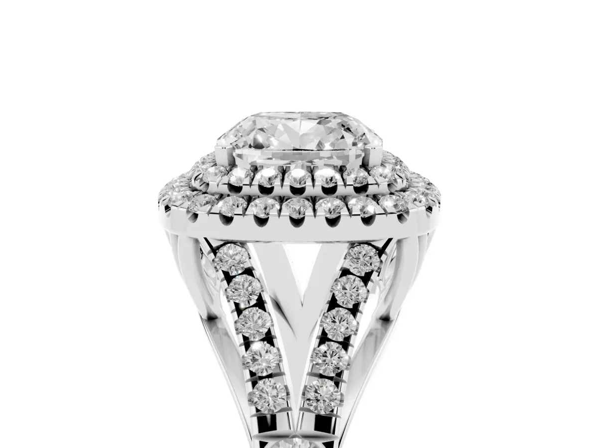Cushion Cut Diamond Pavé Split Shank Double Halo Engagement Ring Silver