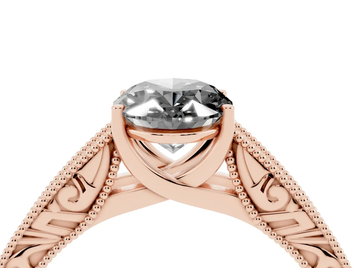Fancy Black Oval Cut Diamond Solitaire Ring with Engraved Band and Four-Prong Setting Rose gold