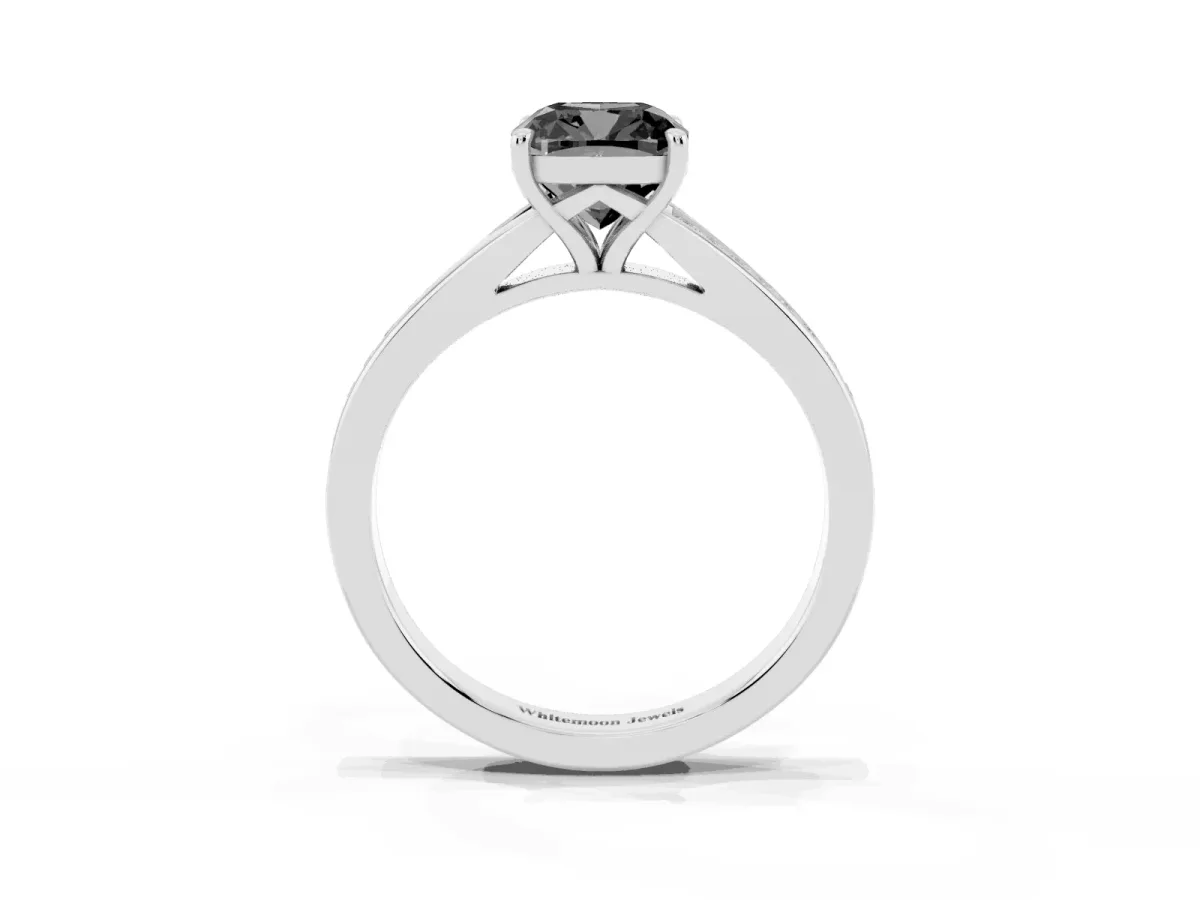 Fancy Black Cushion Cut Diamond Solitaire Ring with Pavé Band and Prong Setting Silver