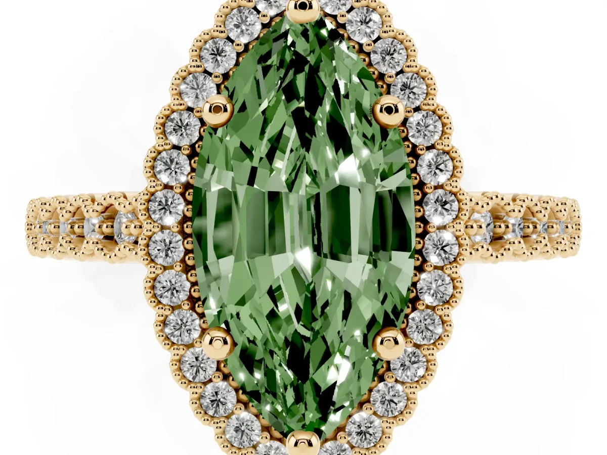 Fancy Green Marquise Cut Cut Halo Pavé Solitaire Ring with Milgrain Band Yellow gold