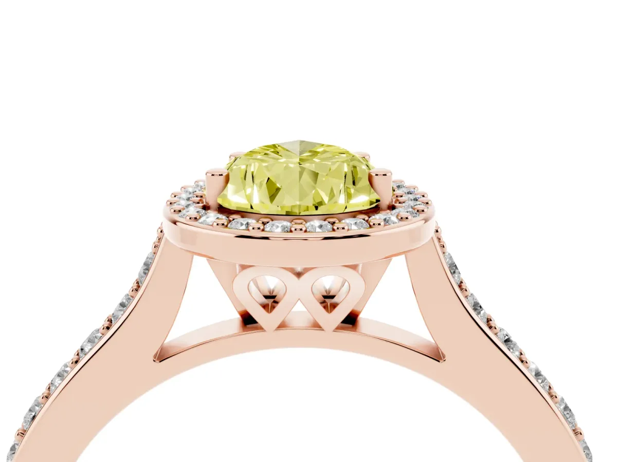 Fancy Yellow Pear Cut Diamond Halo Engagement Ring with Round Pavé Shoulders and Prong Setting Rose gold