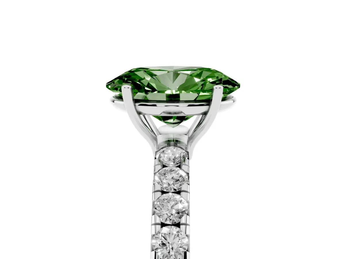 Fancy Green Oval Cut Diamond Pavé Solitaire Engagement Ring with Four-Prong Setting Platinum