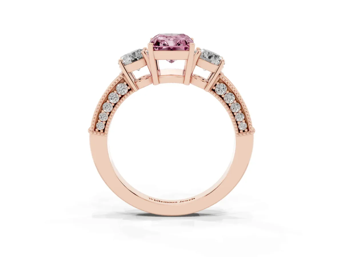 Fancy Pink Radiant Cut Three-Stone Diamond Ring with Pavé Band and Four-Prong Setting Rose gold