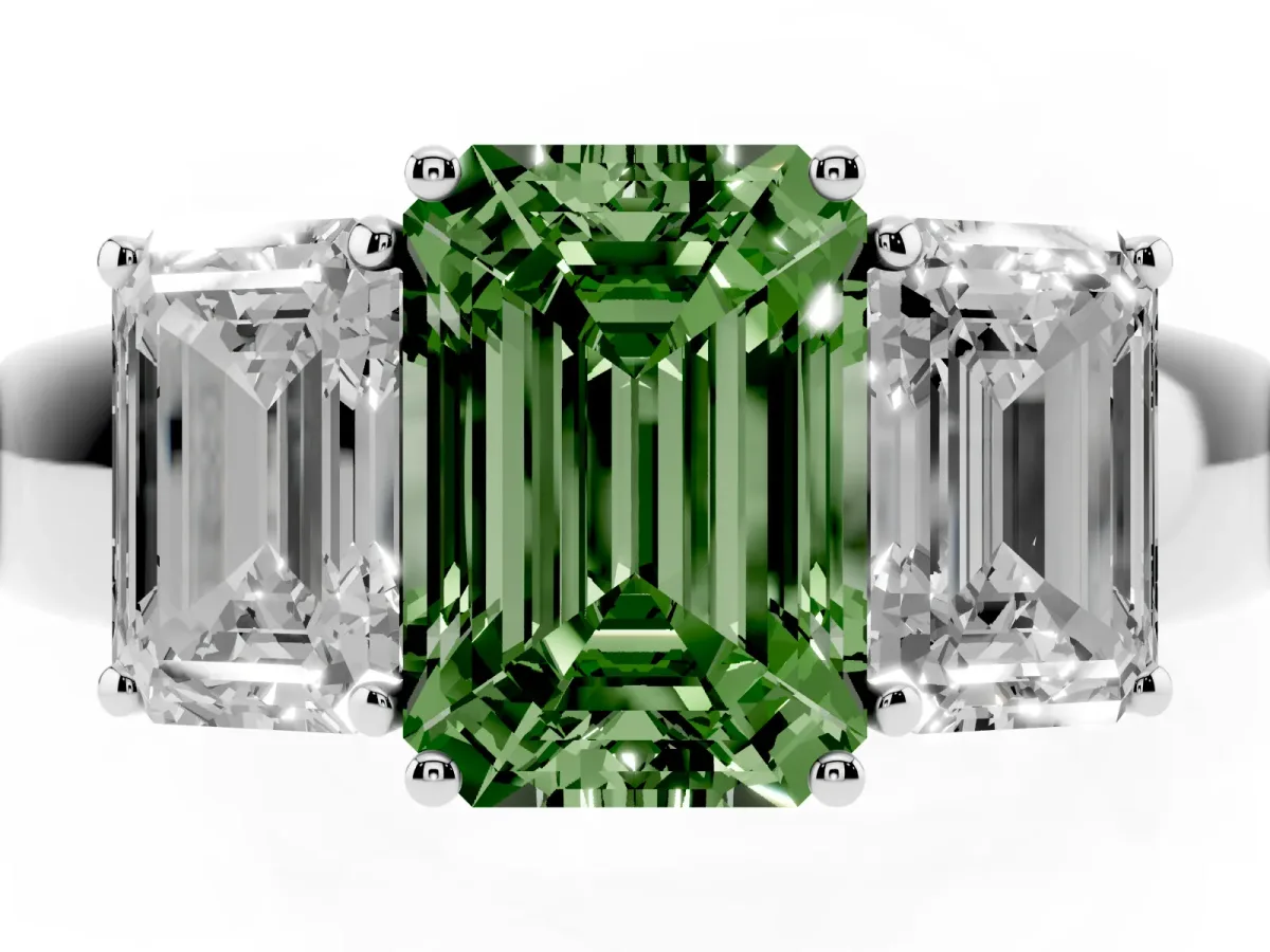 Fancy Green Three-Stone Emerald Cut Cut Diamond Ring with Prong Setting and Classic Band Silver