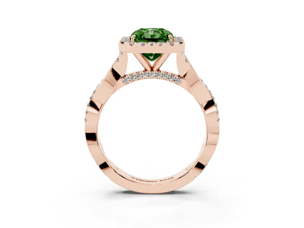 Fancy Green Radiant Cut Halo Twist Band Solitaire Ring Rose gold