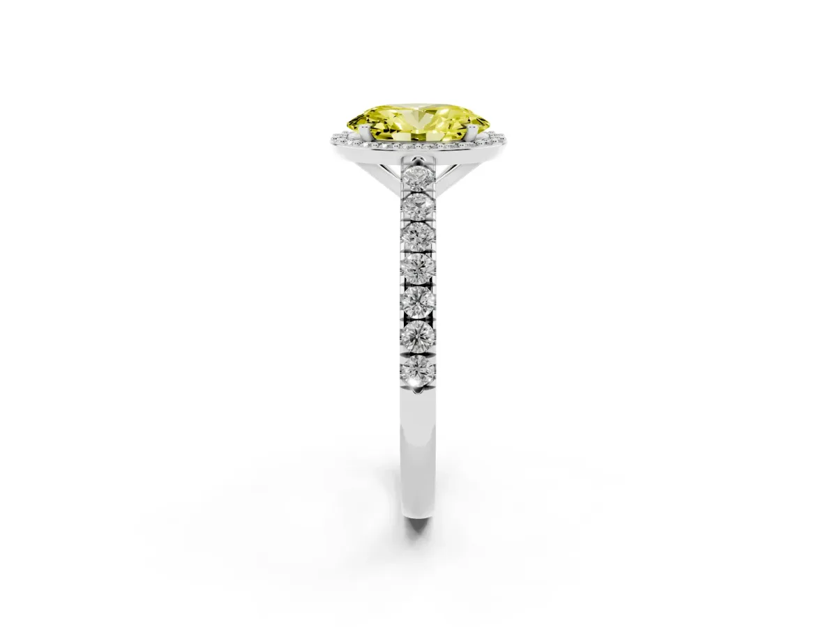 Fancy Yellow Oval Cut Cut Halo Diamond Engagement Ring with Pave Band and Four-Prong Setting Silver