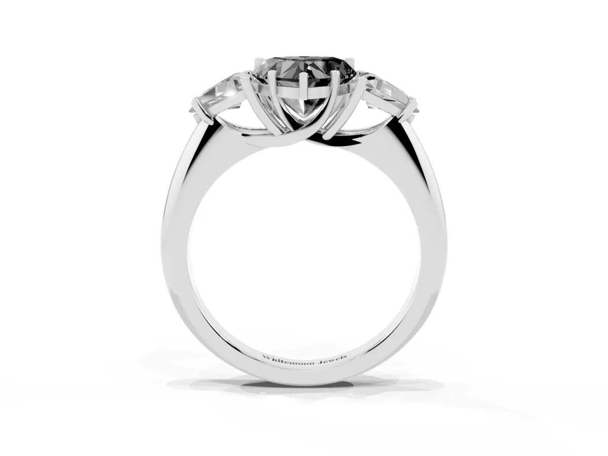 Fancy Black Three-Stone Heart Cut Diamond Engagement Ring with Trillion Side Stones and Prong Setting Silver