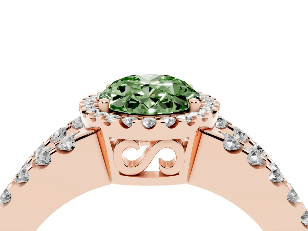 Fancy Green Oval Cut Cut Halo Split Shank Diamond Ring with Four-Prong Setting Rose gold