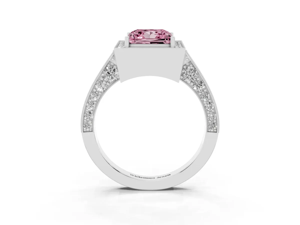 Fancy Pink Princess Cut Halo Diamond Engagement Ring with Split Shank Band and Four-Prong Setting Silver