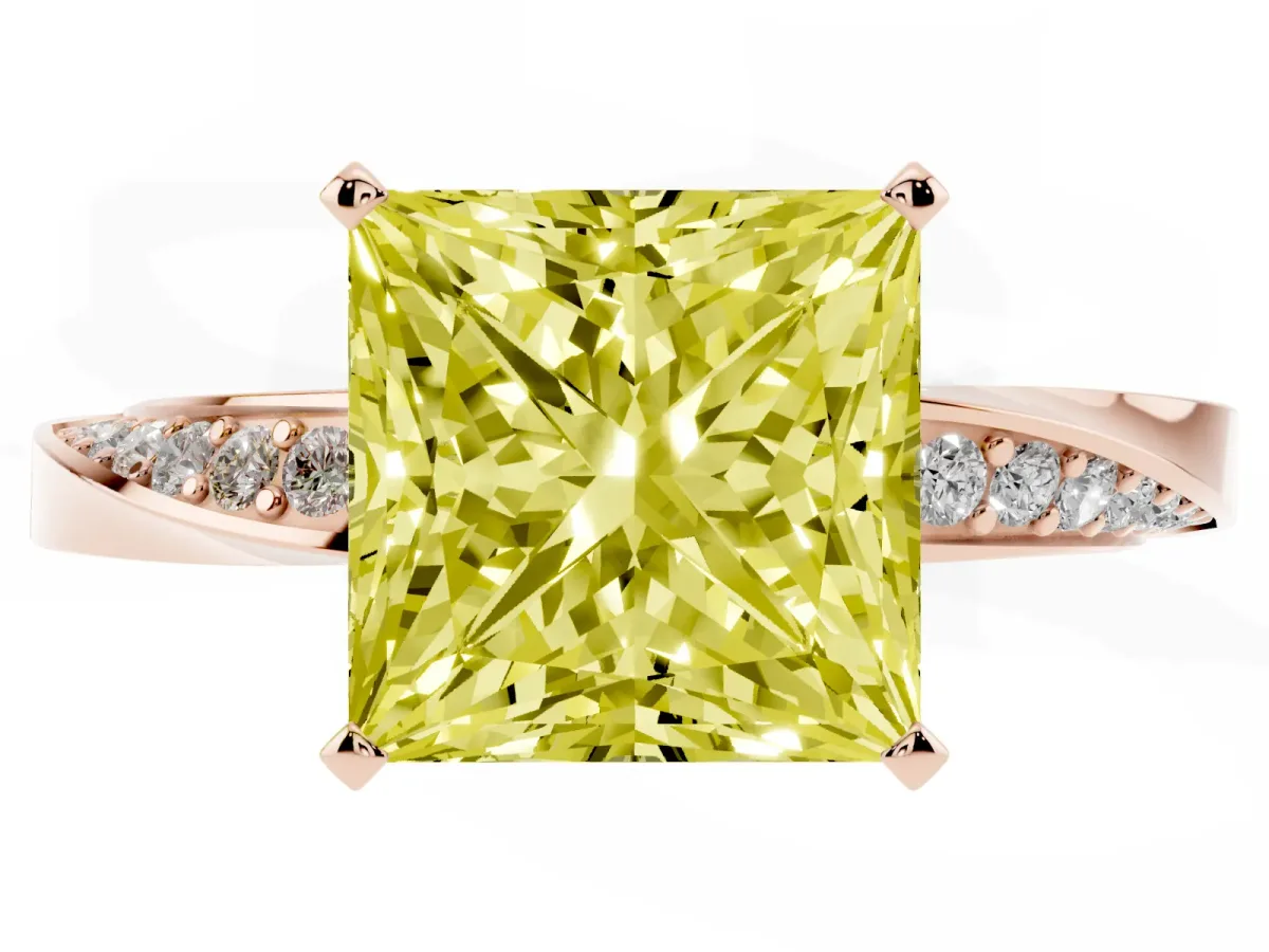Fancy Yellow Princess Cut Diamond Engagement Ring with Side Stone Accents and Four-Prong Setting Rose gold