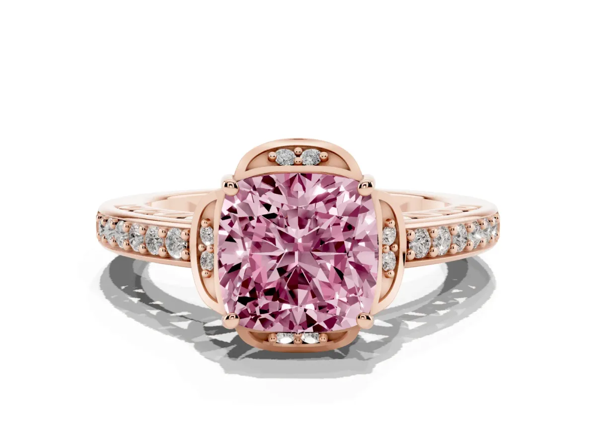 Fancy Pink Cushion Cut Cut Halo Diamond Ring with Channel Set Band and Four-Prong Setting Rose gold