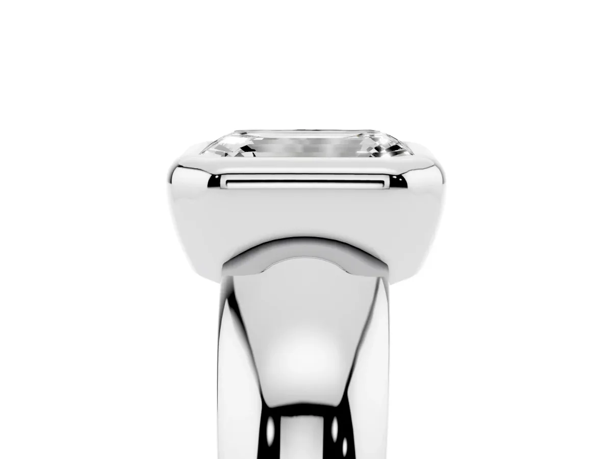 Bezel Set Emerald Cut Solitaire Ring with Wide Band Silver