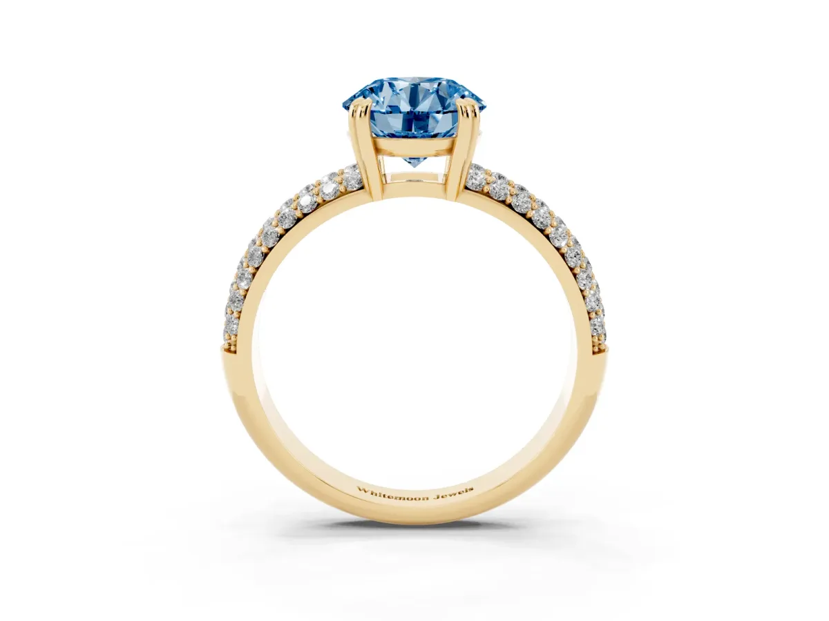 Fancy Blue Round Cut Diamond Solitaire Ring with Multi-Row Round Pavé Band and Prong Setting Yellow gold