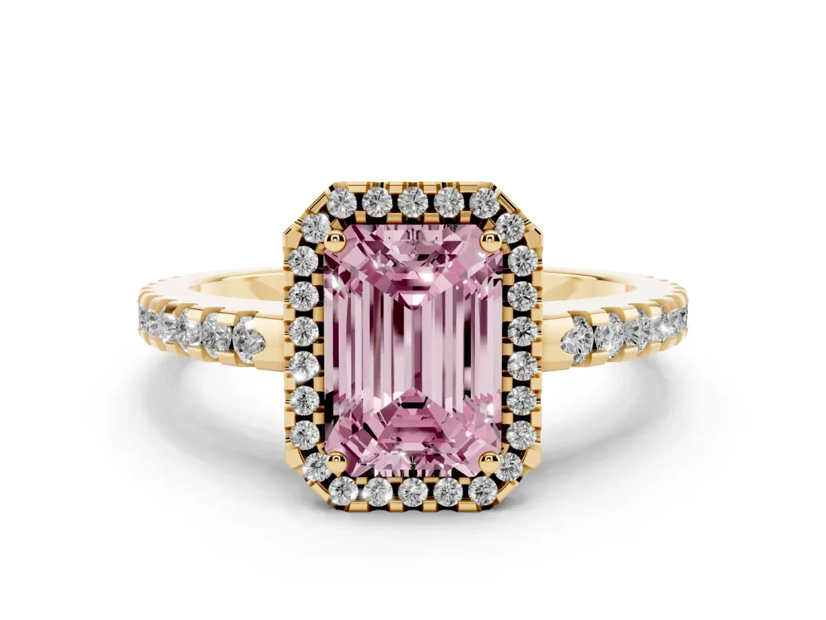 Fancy Pink Emerald Cut Diamond Halo Engagement Ring with Pavé Band and Prong Setting Yellow gold