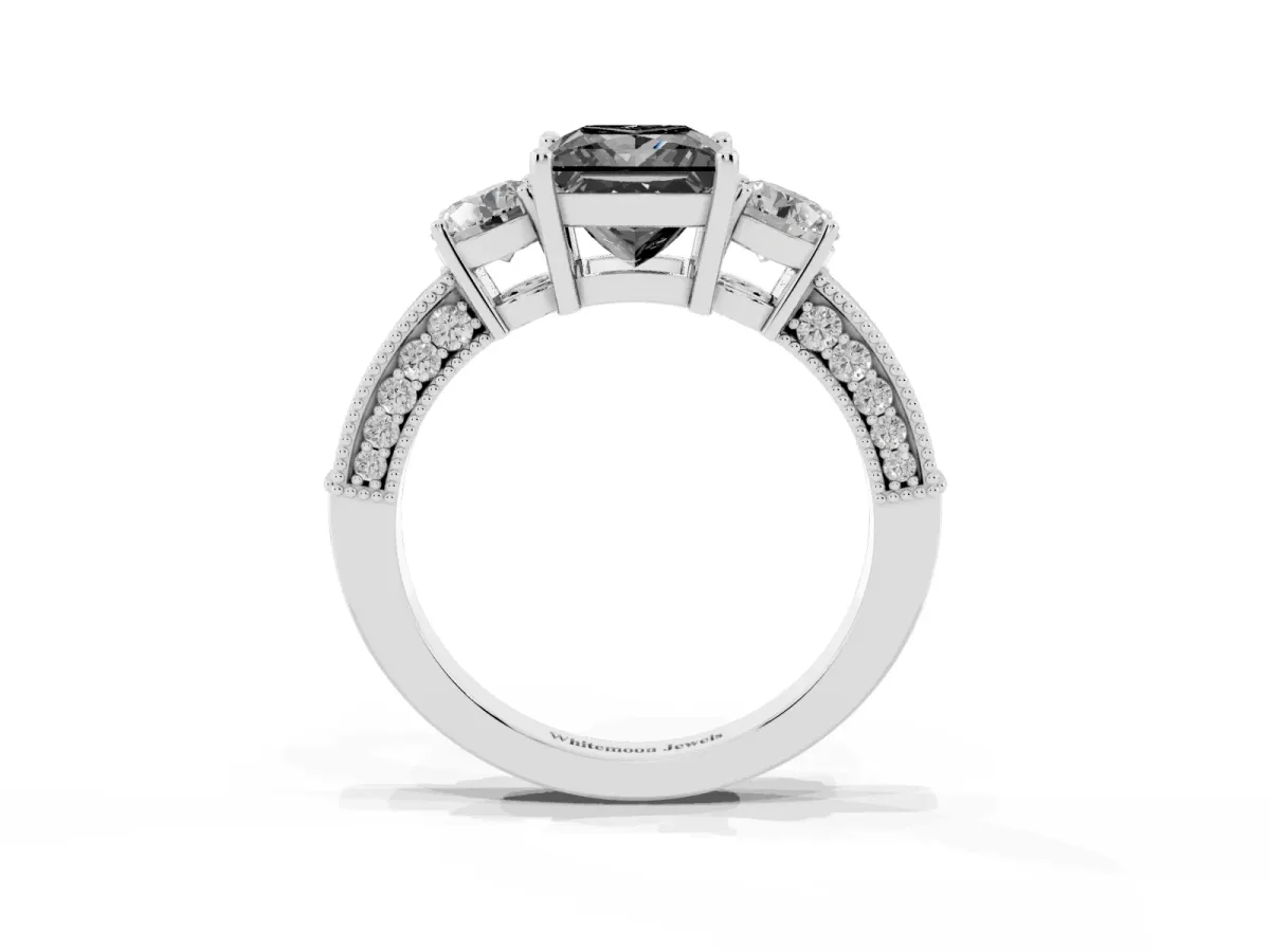 Fancy Black Princess Cut Three-Stone Diamond Ring with Pavé Band and Four-Prong Setting Silver