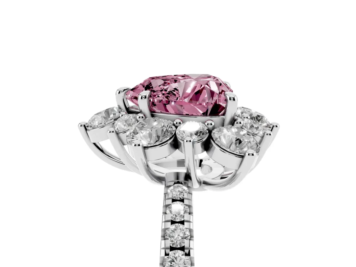 Fancy Pink Heart Cut Diamond Floral Halo Ring with Round Pavé Band and Prong Setting Platinum
